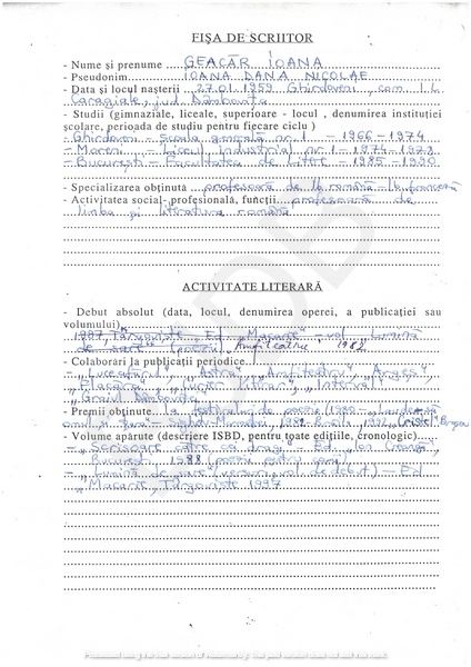 M-1290-1 - Fisa de scriitor GEACĂR IOANA